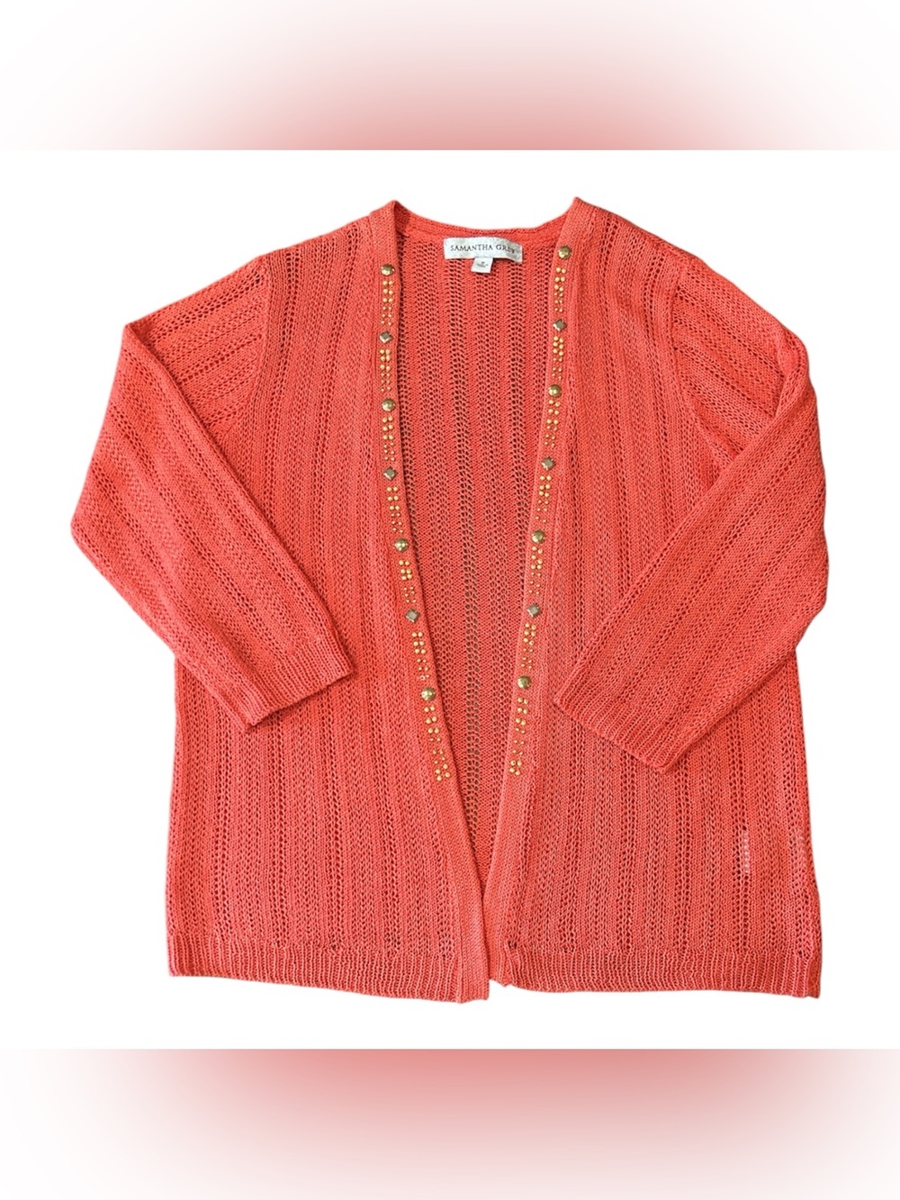 Samantha Grey Coral Open-Front Studded Knit Cardigan Sz M